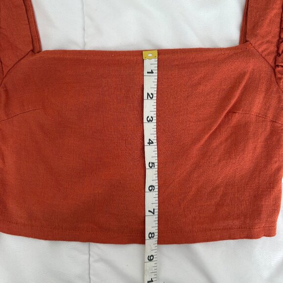 Pretty Little Thing Women's Orange Linen Crop top puffy sleeves size 2 - Picture 5 of 7